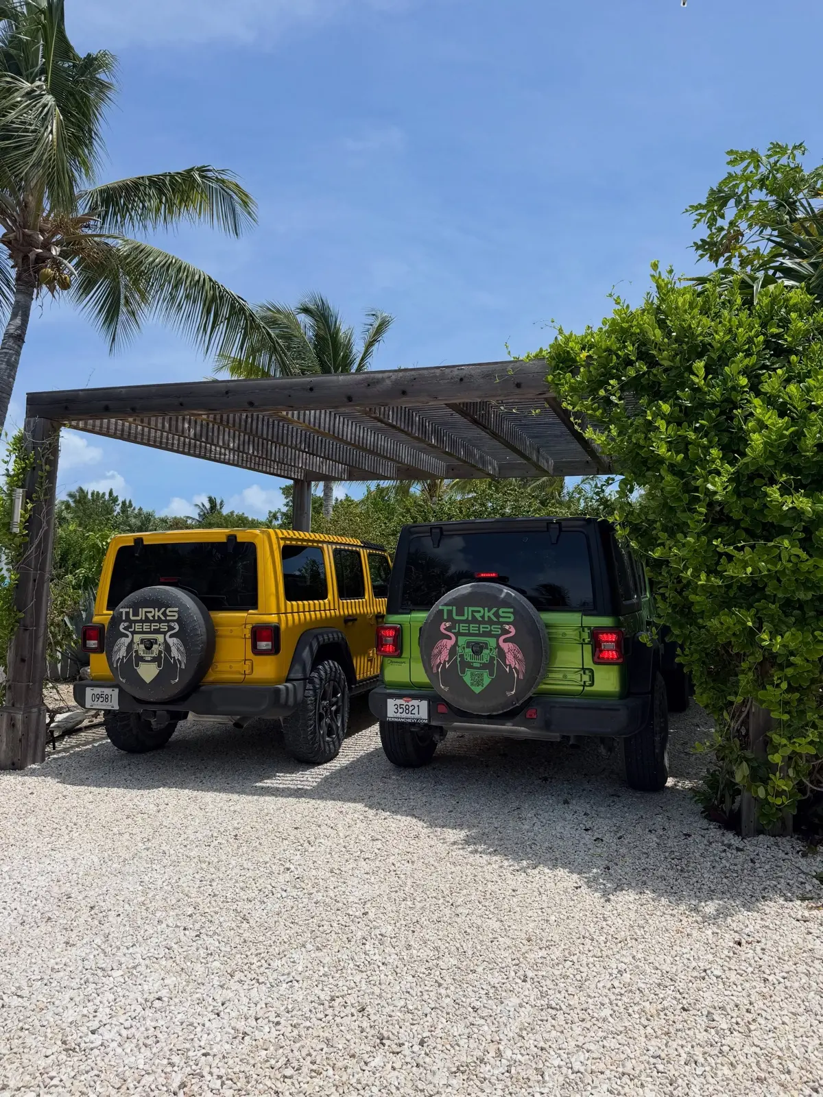 Two Turks Jeeps Wranglers under a pergola, the crest on their spare tyre covers