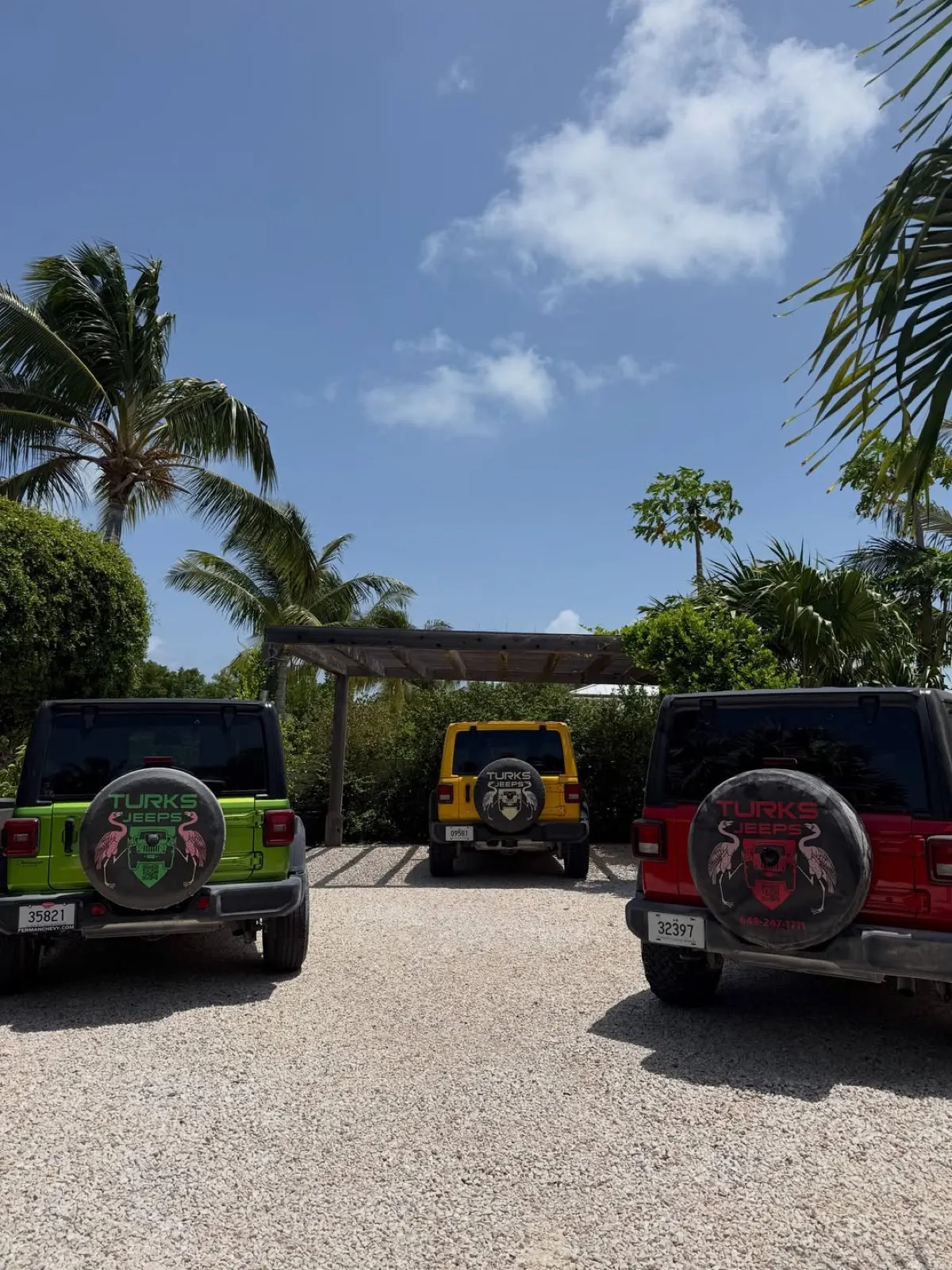 Three Wranglers, lime, yellow and red, parked at a villa