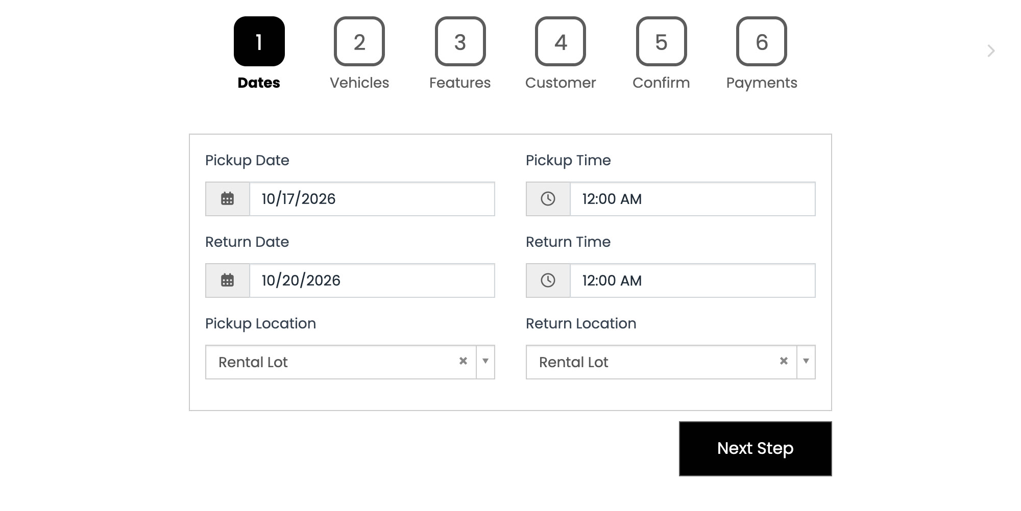 Turks Jeeps' HQ booking form: pickup and return dates, times and locations, then Next Step